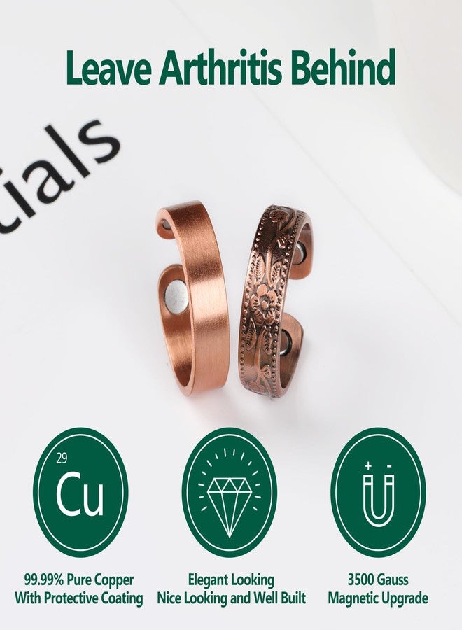 خاتمان نحاسيان من جيكانوري، قطعتان، للنساء والرجال، خاتم نحاسي للعلاج المغناطيسي، هدية مجوهرات قابلة للتعديل مع علبة (زهرة عتيقة | غير مطلي أنيق) - Image 2